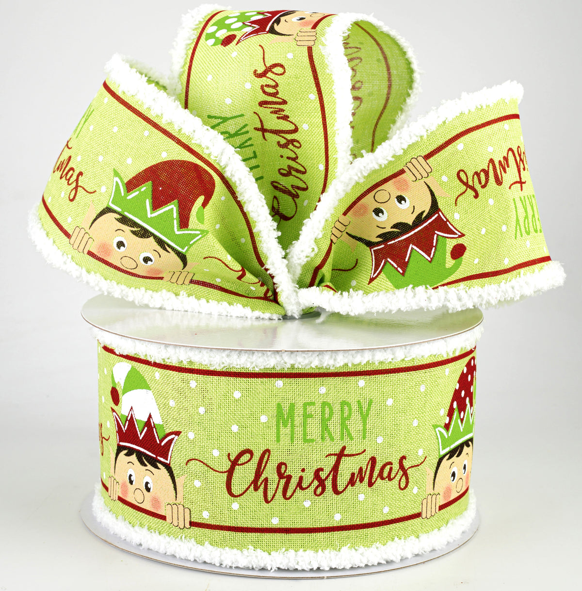 2.5" Peeking Elf Fuzzy Edge Ribbon: Bright Green (10 Yards) Lifestyle Photo