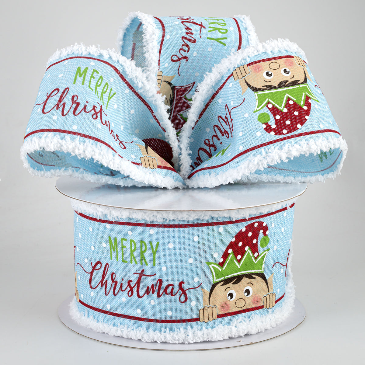 2.5" Peeking Elf Fuzzy Edge Ribbon: Pale Blue (10 Yards) Lifestyle Photo