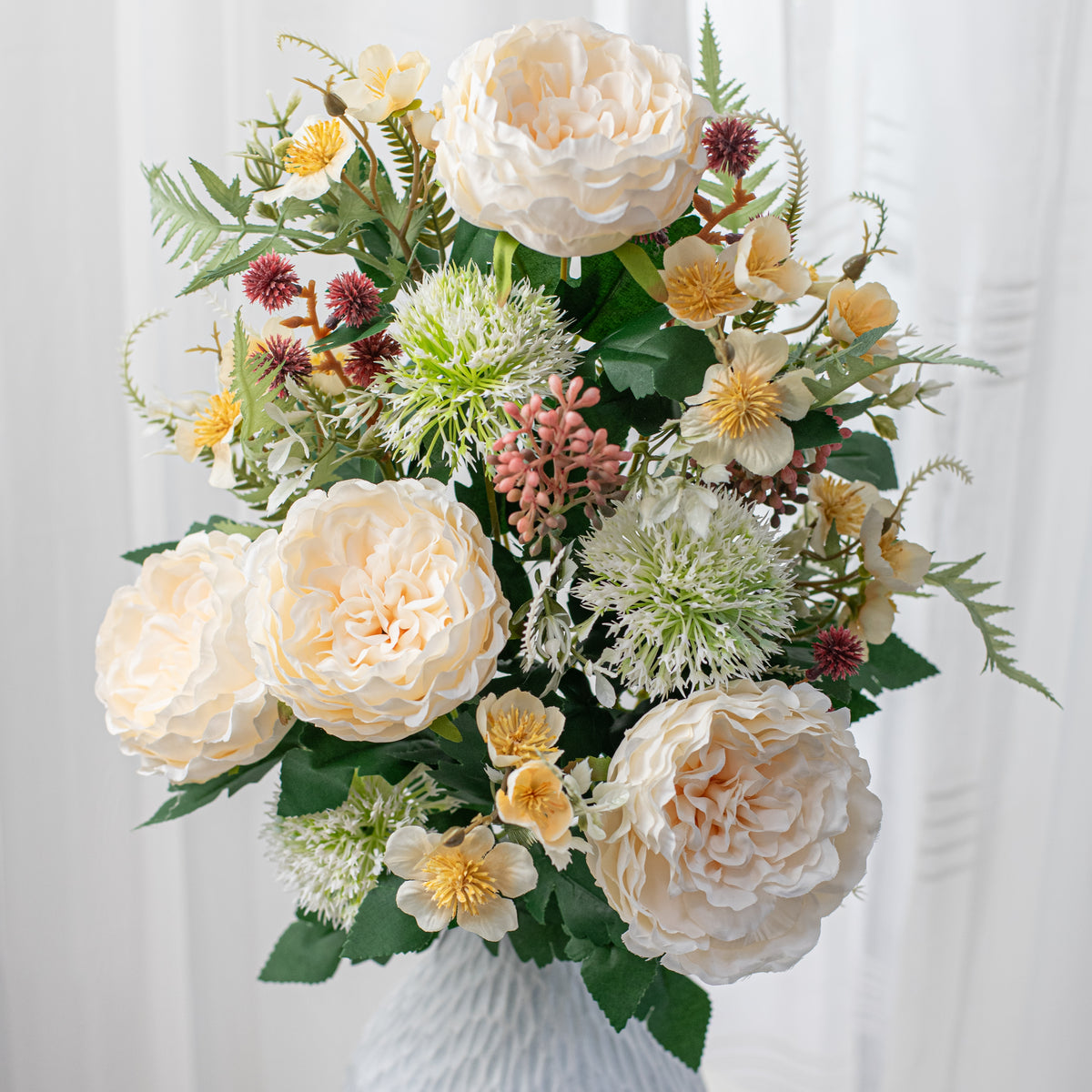 20" Peony & Globe Thistle Half Bush: Cream, Burgundy, White Item Number: FB190437