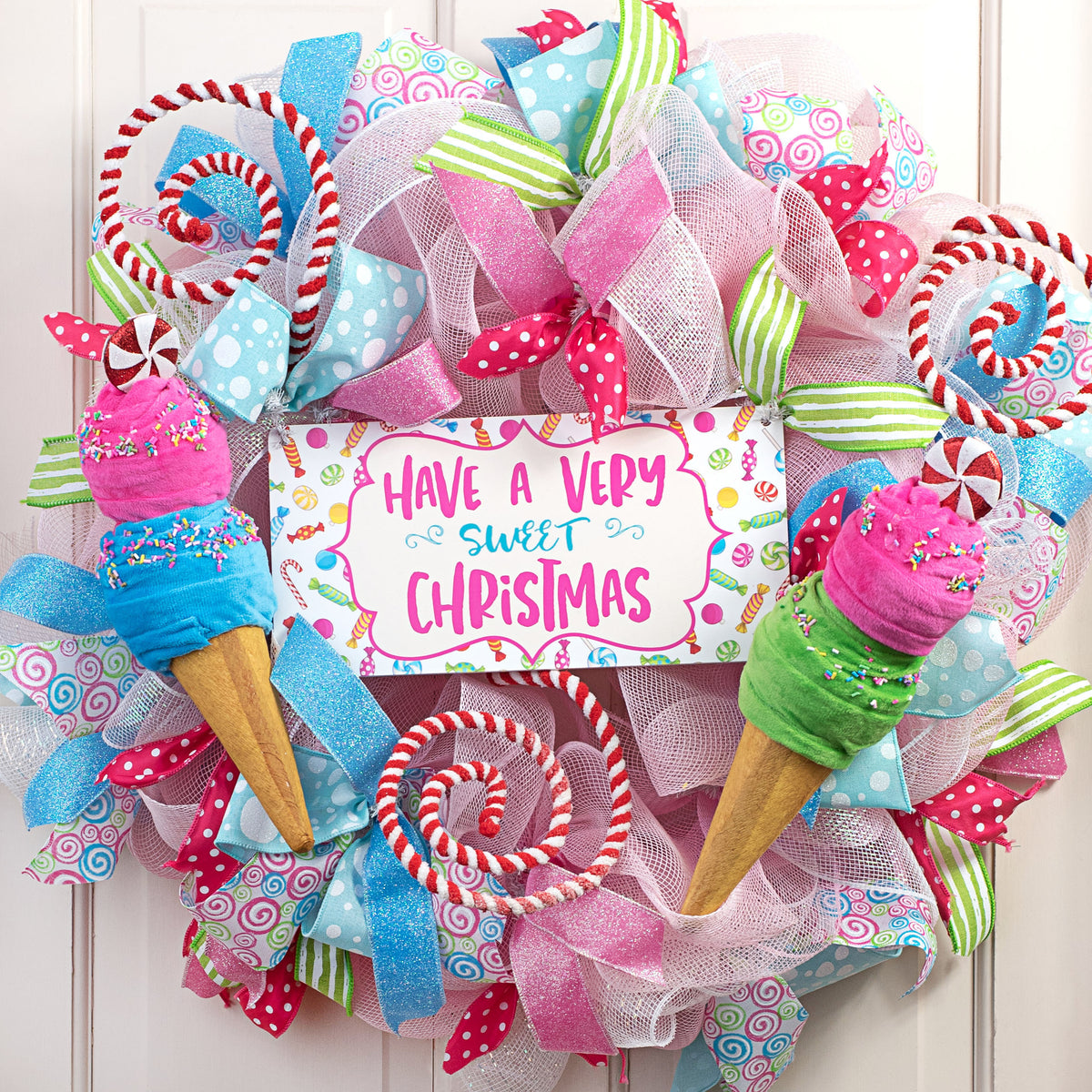 12" Peppermint Ice Cream Ornament: Pink & Blue Lifestyle Photo