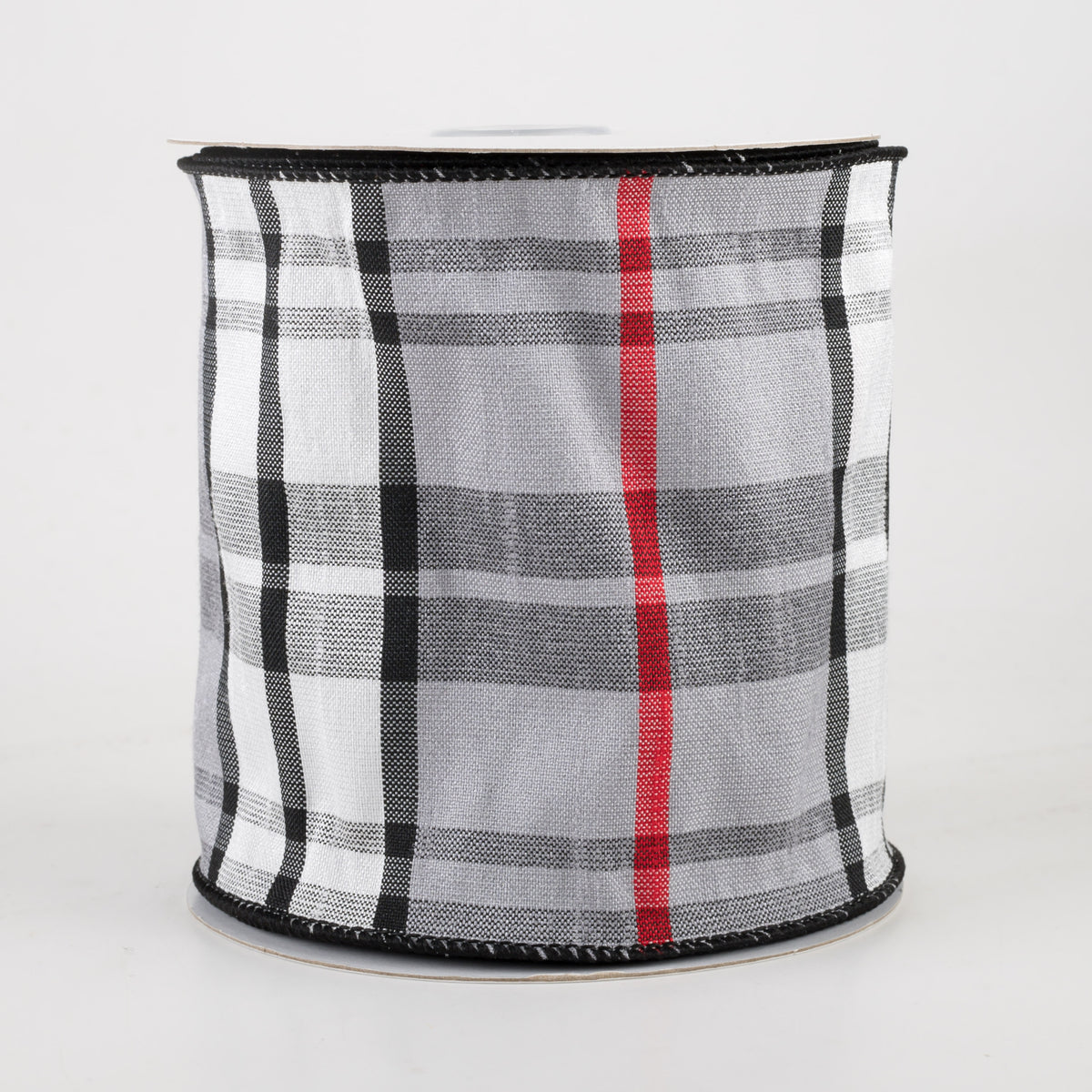 4" Plaid Faux Dupioni Ribbon: Grey, White, Black, Red (10 Yards)
