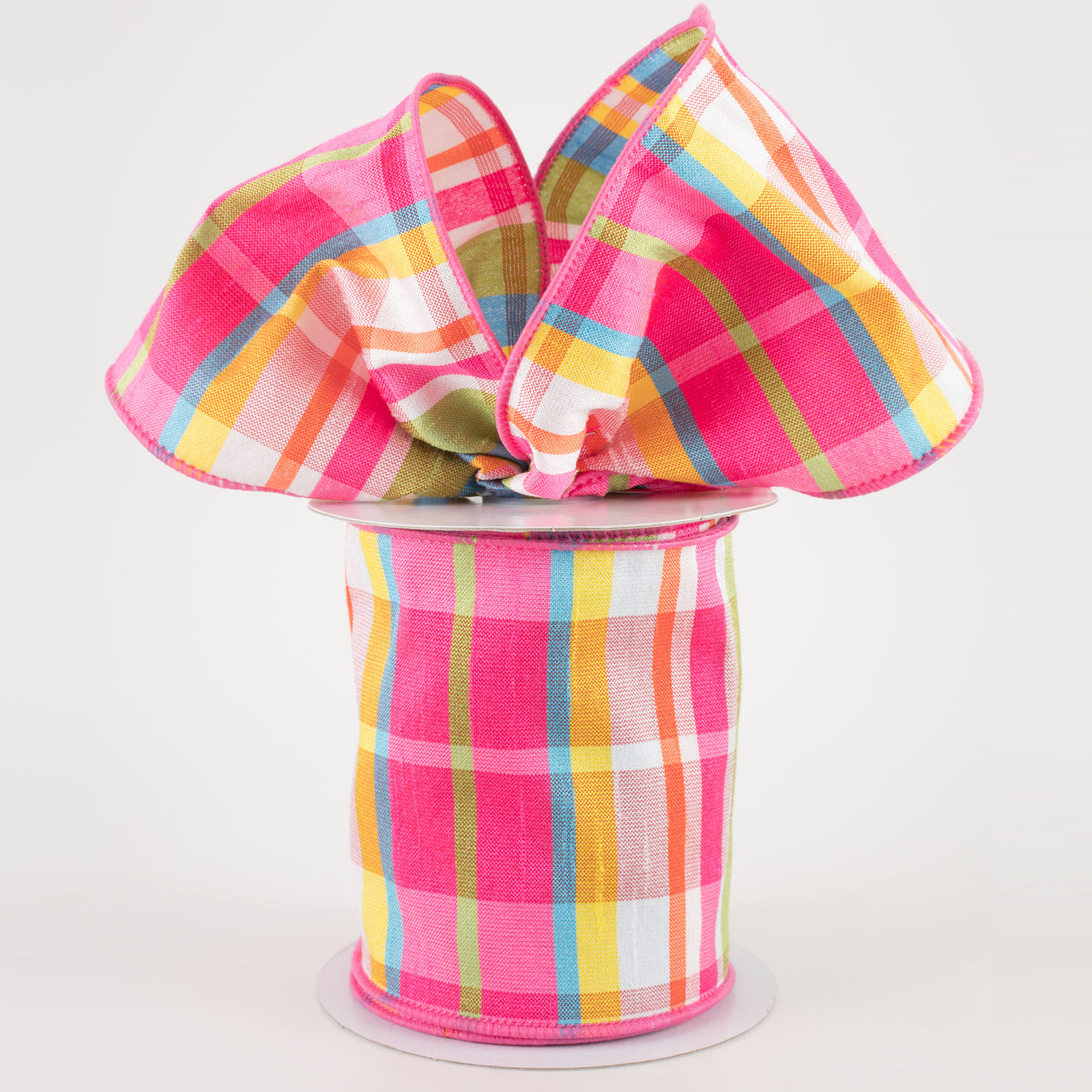 4" Plaid Faux Dupioni Ribbon: Hot Pink, Turquoise, Lime, Yellow (10 Yards) Lifestyle Photo