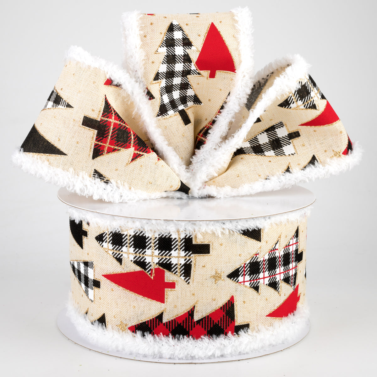 2.5" Plaid Trees Fuzzy Edge Ribbon: Cream (10 Yards) Lifestyle Photo