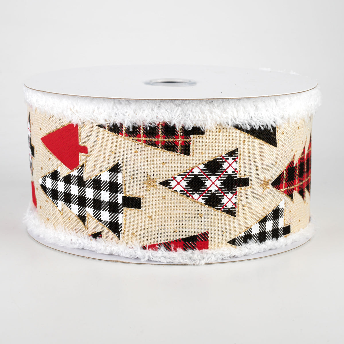 2.5" Plaid Trees Fuzzy Edge Ribbon: Cream (10 Yards)