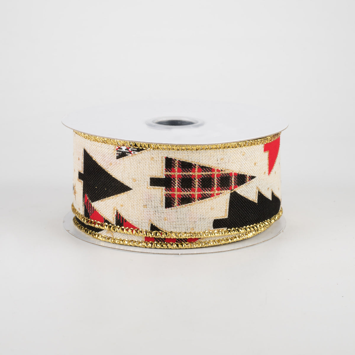 1.5" Plaid Trees Ribbon: Cream, Red, Gold, White (10 Yards)