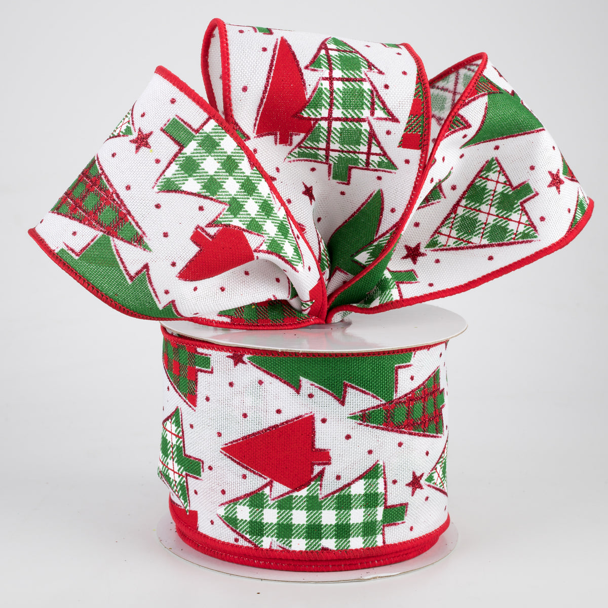 2.5" Plaid Trees Ribbon: White, Red, Emerald (10 Yards) Lifestyle Photo