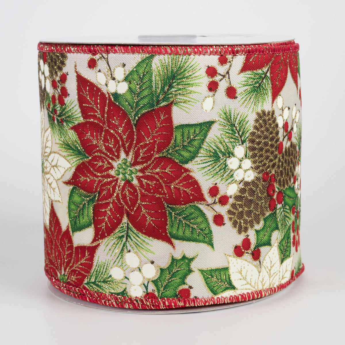 4" Poinsettias & Pinecones Ribbon: Red & Ivory on Cream (10 Yards) Item Number: RGF1762C2