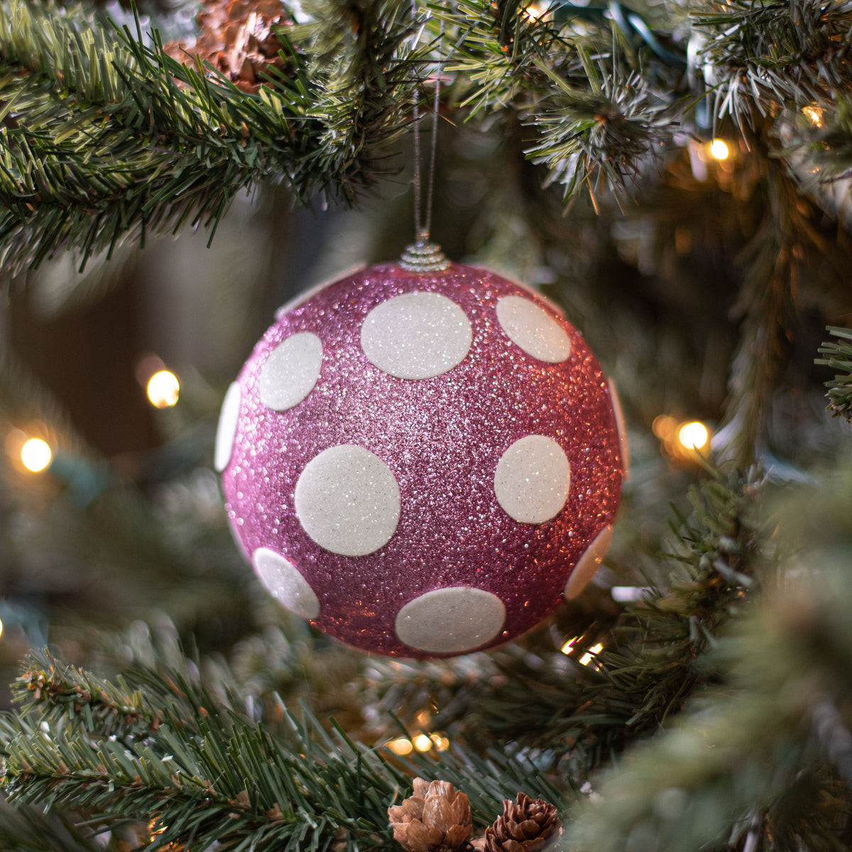 5" Polka Dot Ball Ornament: Pink & White Lifestyle Photo