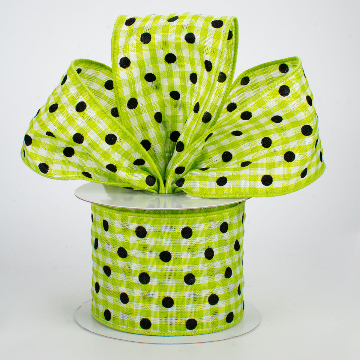 2.5" Polka Dot Gingham Ribbon: Black, Lime, White (10 Yards) Lifestyle Photo