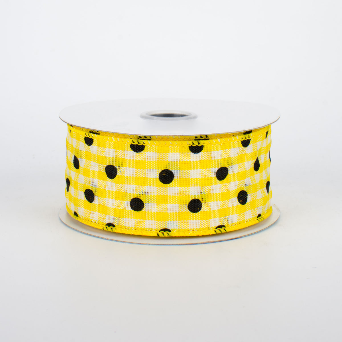 1.5" Polka Dot Gingham Ribbon: Black, Yellow, White (10 Yards)