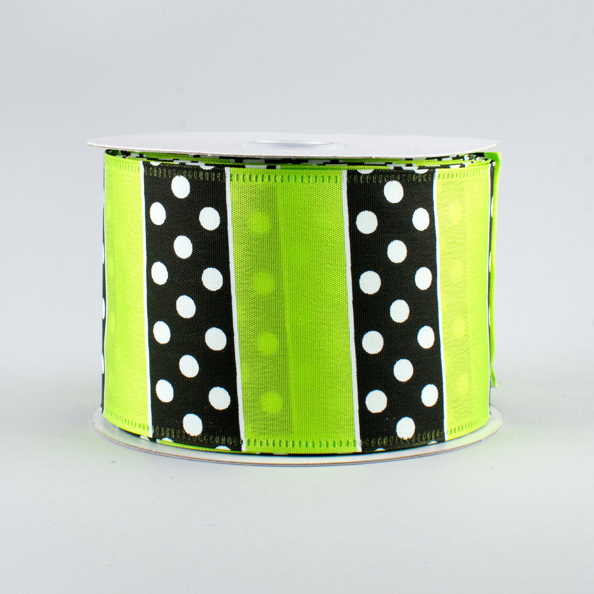 2.5" B & W Polka Dot Stripes Ribbon: Lime (10 Yards)