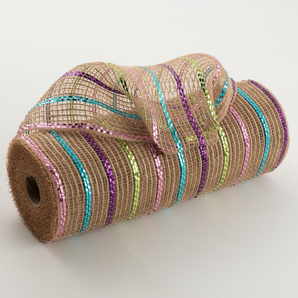 10" Poly Jute Deco Mesh: Natural & Pastel Metallic Stripe (10 Yards) Item Number: RY800743