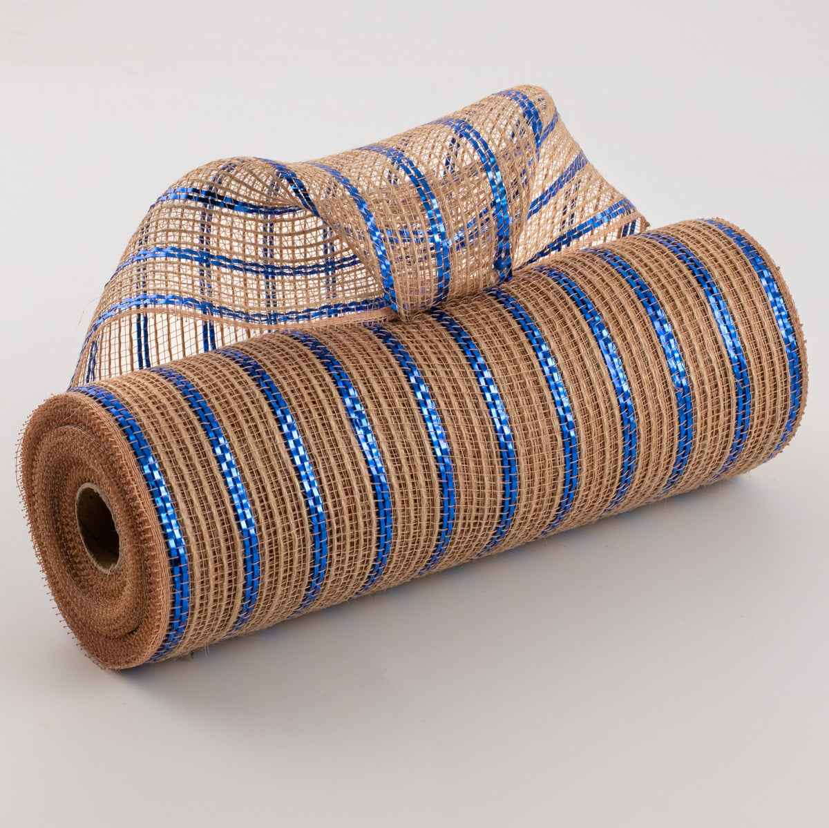 10" Poly Jute Deco Mesh: Natural & Royal Blue Metallic Stripe (10 Yards) Item Number: RY800625
