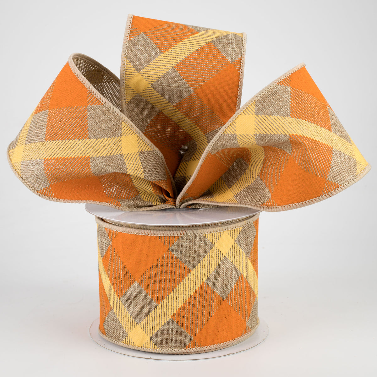 2.5" Printed Plaid Ribbon: Beige, Orange, Mustard (10 Yards) Lifestyle Photo