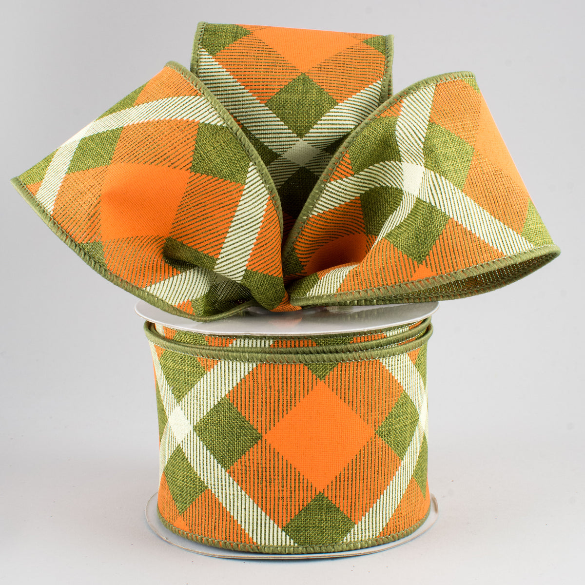 2.5" Printed Plaid Ribbon: Fern, Orange, Cream (10 Yards) Lifestyle Photo
