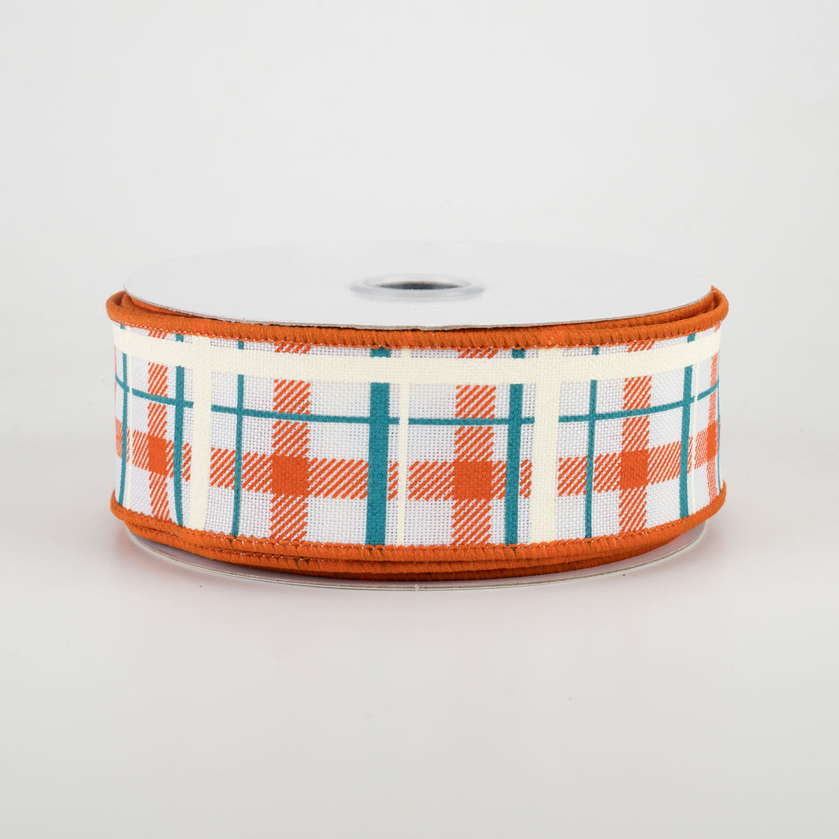 1.5" Printed Plaid Ribbon: White, Dark Orange, Turquoise (10 Yards)