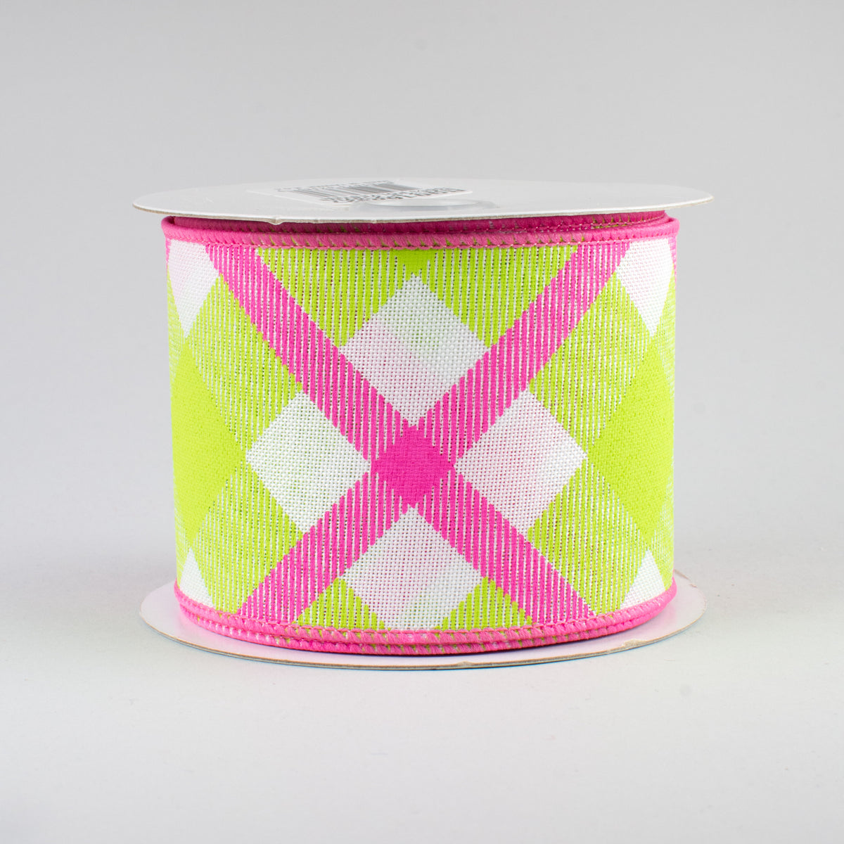 2.5" Printed Plaid Ribbon: White, Lime, Pink (10 Yards)