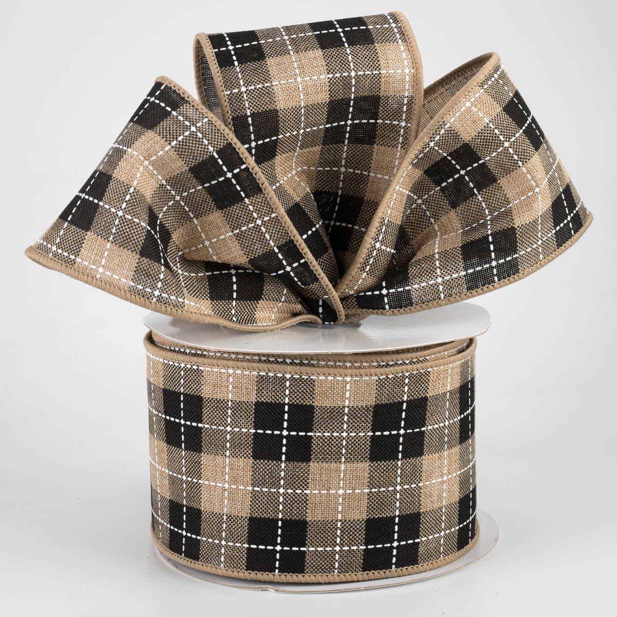 2.5" Printed Woven Check Ribbon: Light Beige, Black, White (10 Yards) Lifestyle Photo