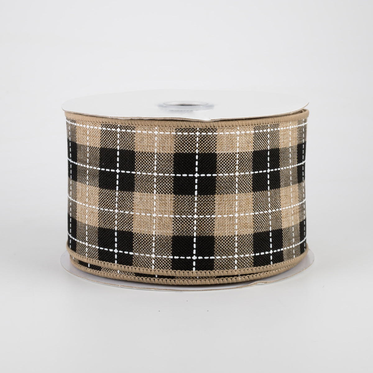 2.5" Printed Woven Check Ribbon: Light Beige, Black, White (10 Yards)