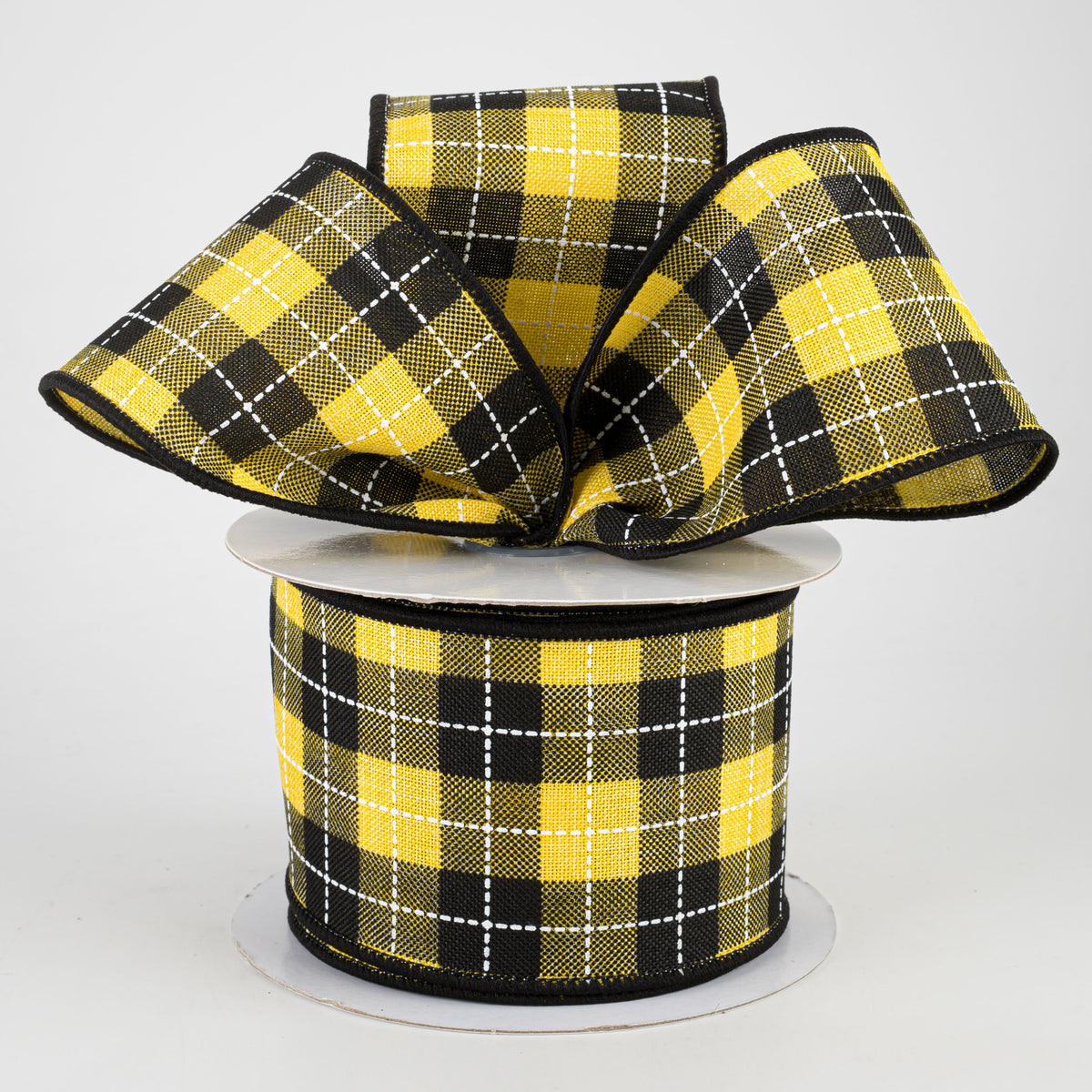 2.5" Printed Woven Check Ribbon: Sun Yellow, Black, White (10 Yards) Lifestyle Photo