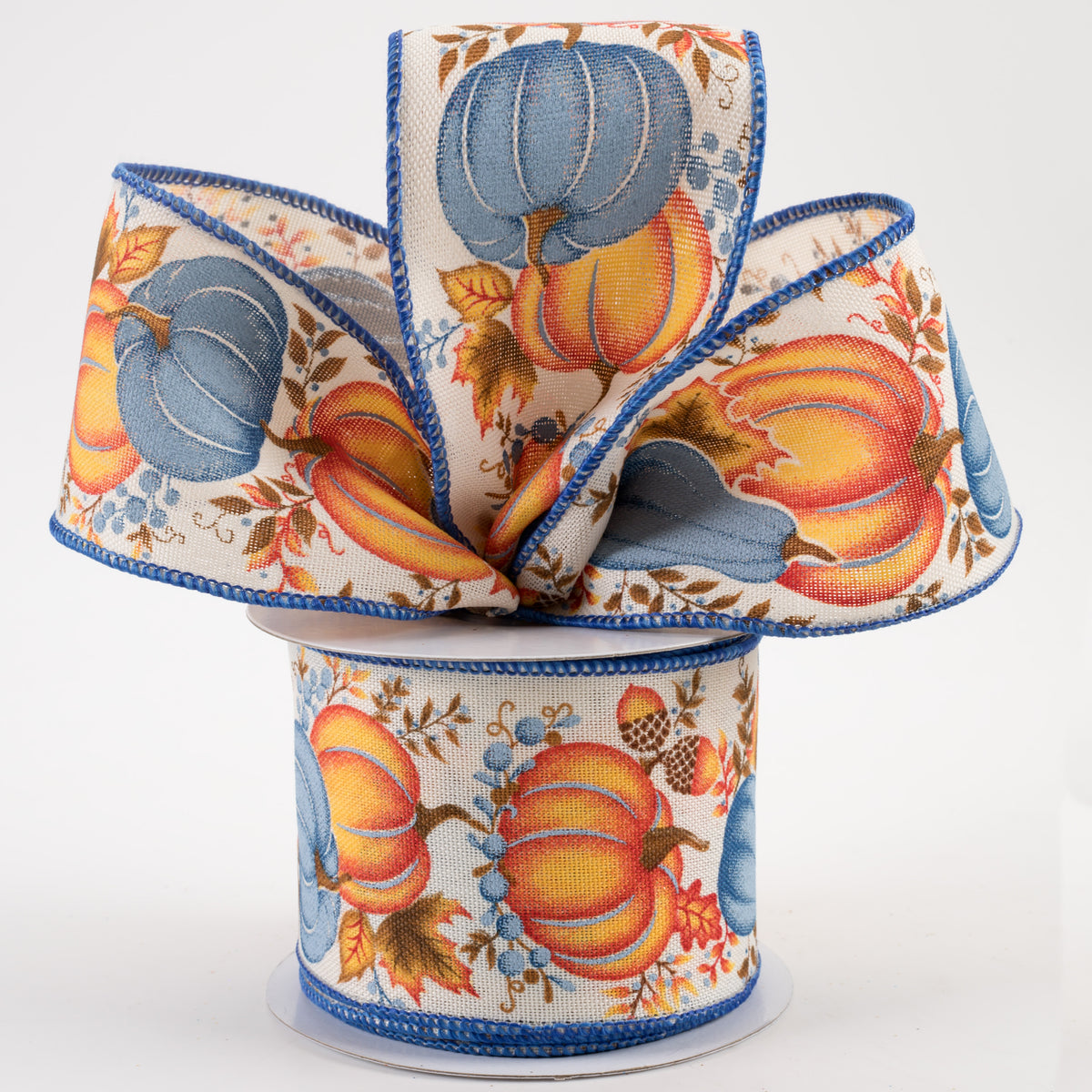 2.5" Pumpkin, Gourd, Leaves Ribbon: Cream, Orange, Blue, Brown (10 Yards) Lifestyle Photo