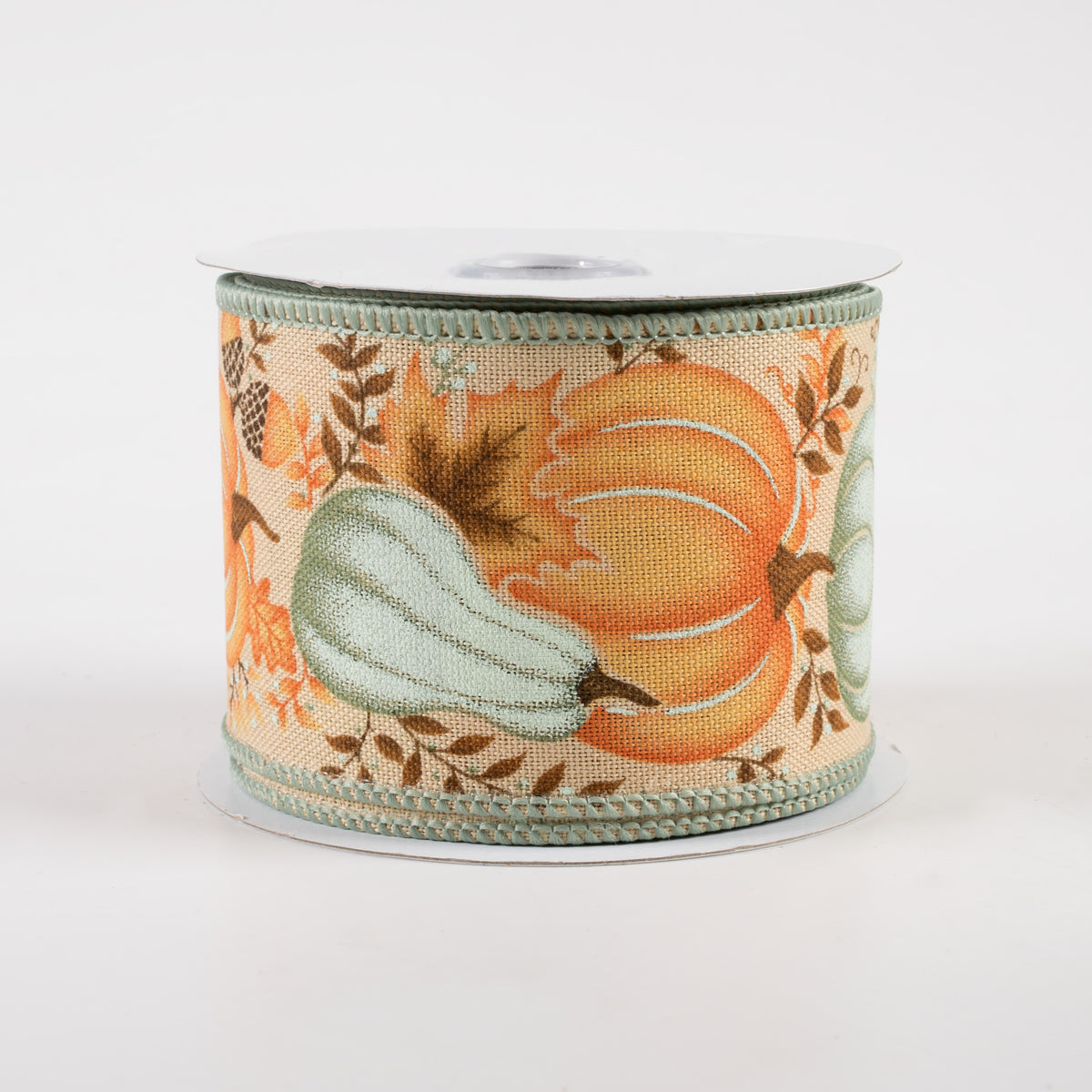 2.5" Pumpkin, Gourd, Leaves Ribbon: Tan, Light Orange, Light Sage (10 Yards)
