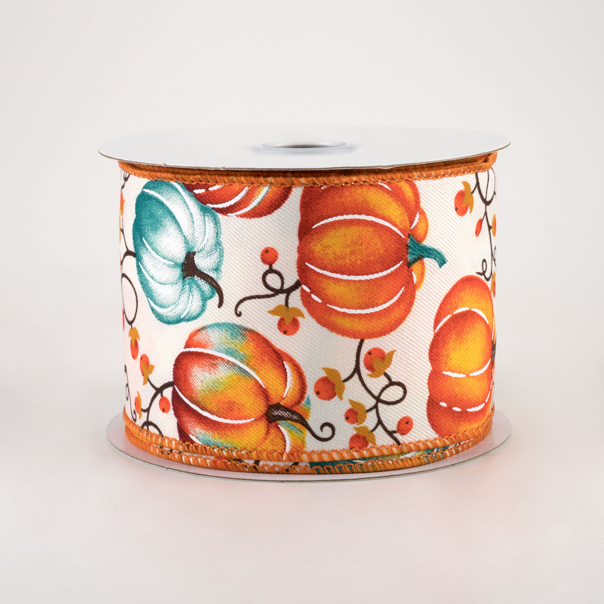 2.5" Pumpkins Bittersweet Ribbon: Ivory, Orange, Teal (10 Yards)