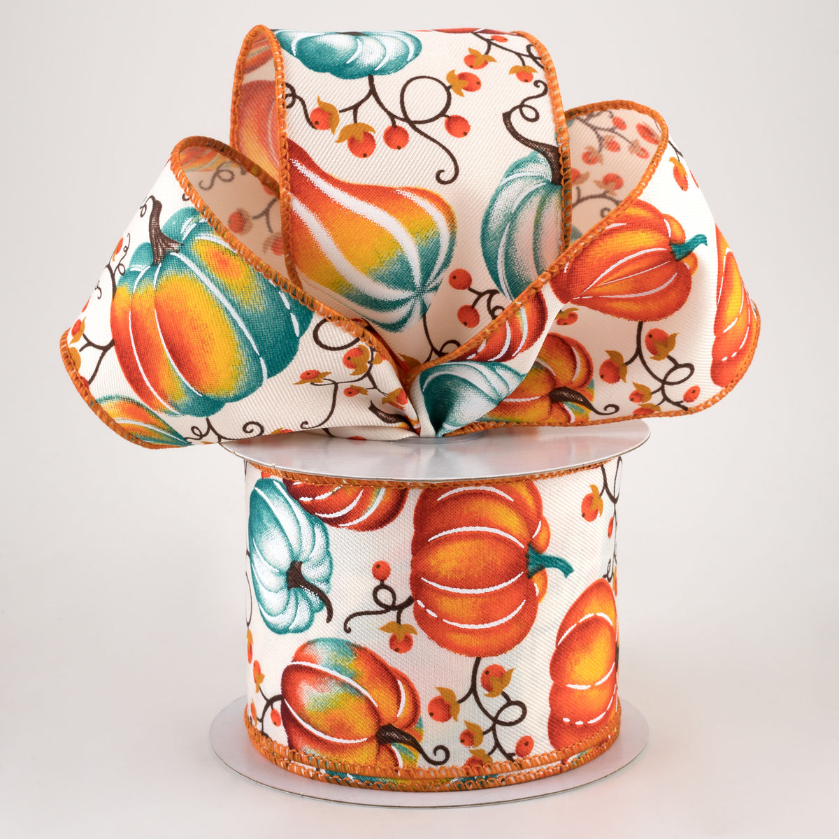 2.5" Pumpkins Bittersweet Ribbon: Ivory, Orange, Teal (10 Yards) Lifestyle Photo