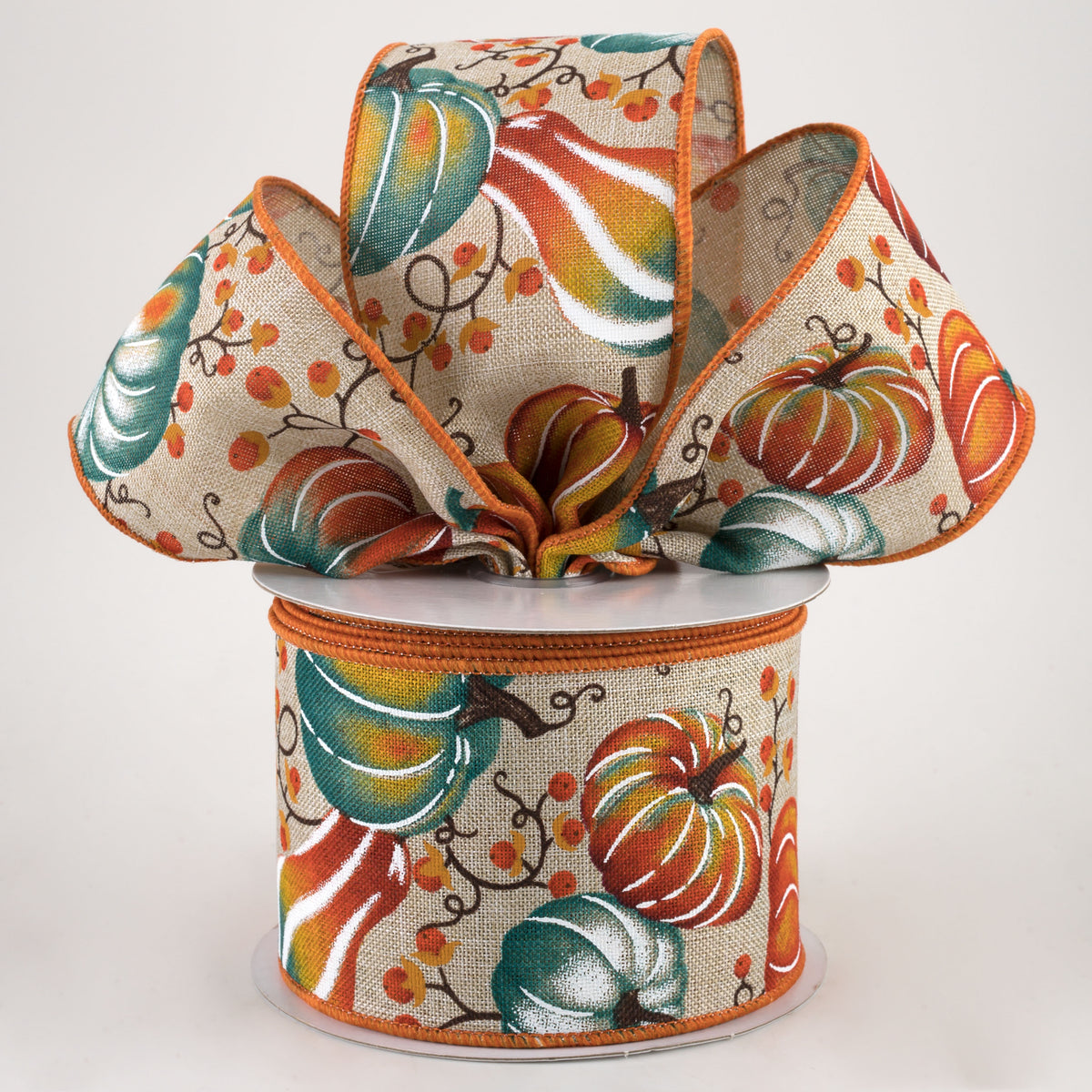 2.5" Pumpkins Bittersweet Ribbon: Light Natural, Orange, Teal (10 Yards) Lifestyle Photo