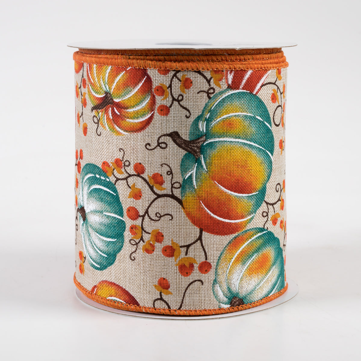 4" Pumpkins Bittersweet Ribbon: Light Natural, Rust, Teal (10 Yards)