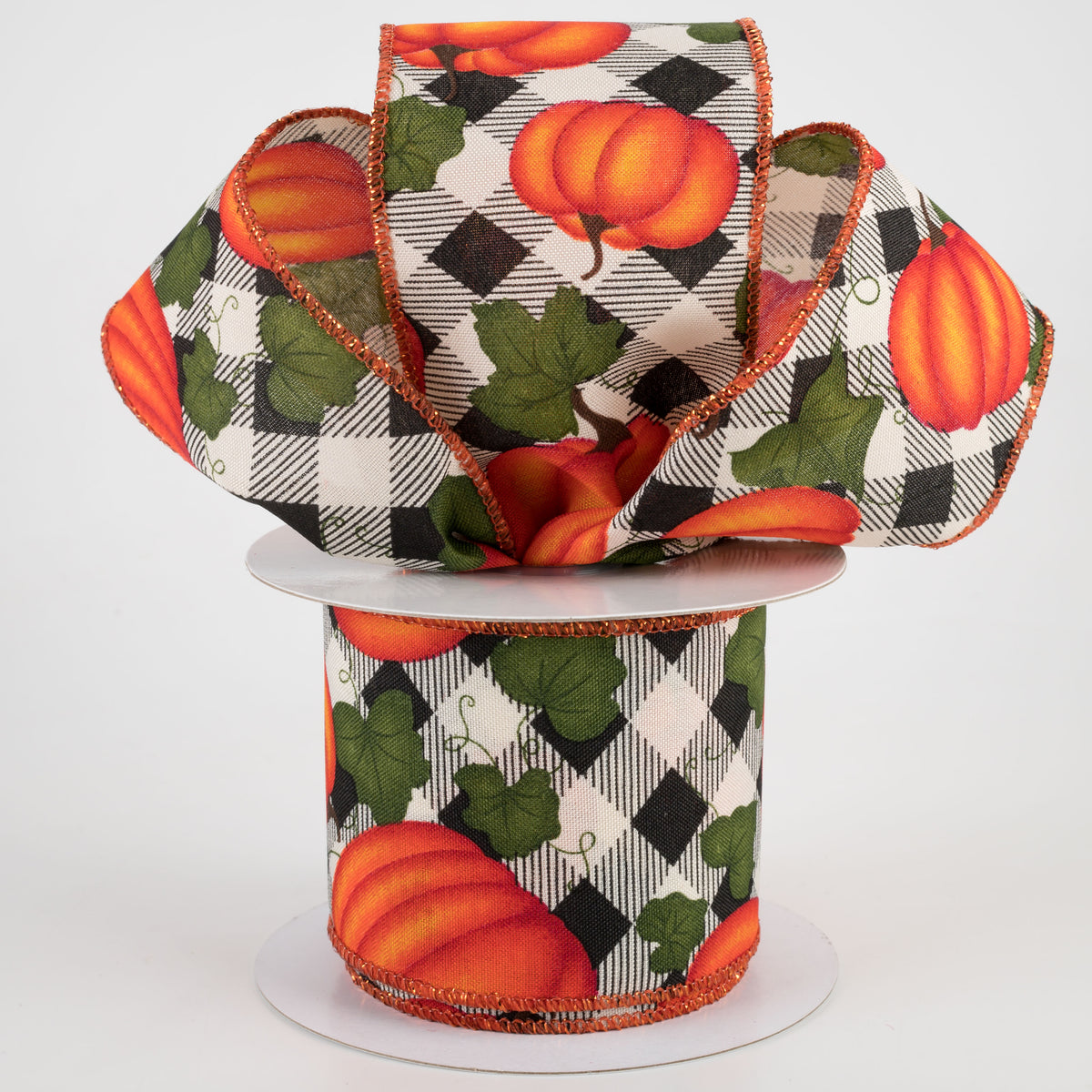 2.5" Pumpkins With Leaves Check Ribbon: Tan (10 Yards) Lifestyle Photo