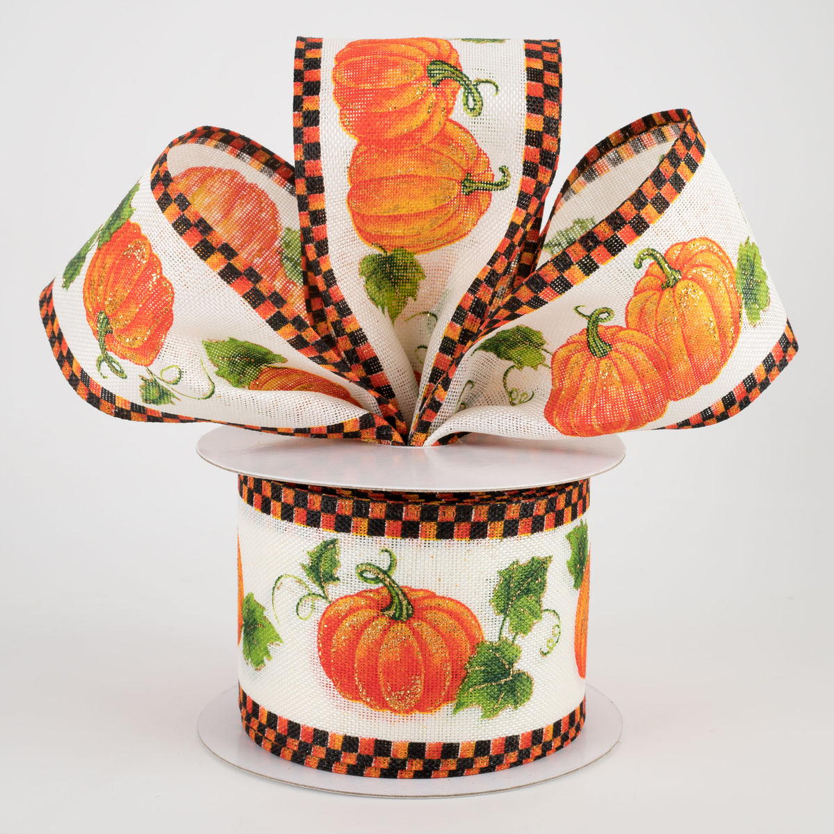 2.5" Pumpkins & Leaves Ribbon With Check Edge (10 Yards) Lifestyle Photo
