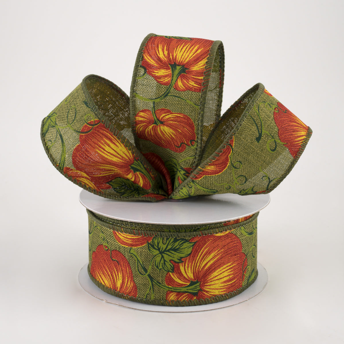1.5" Pumpkins & Vines Linen Ribbon: Moss & Rust (10 Yards) Lifestyle Photo