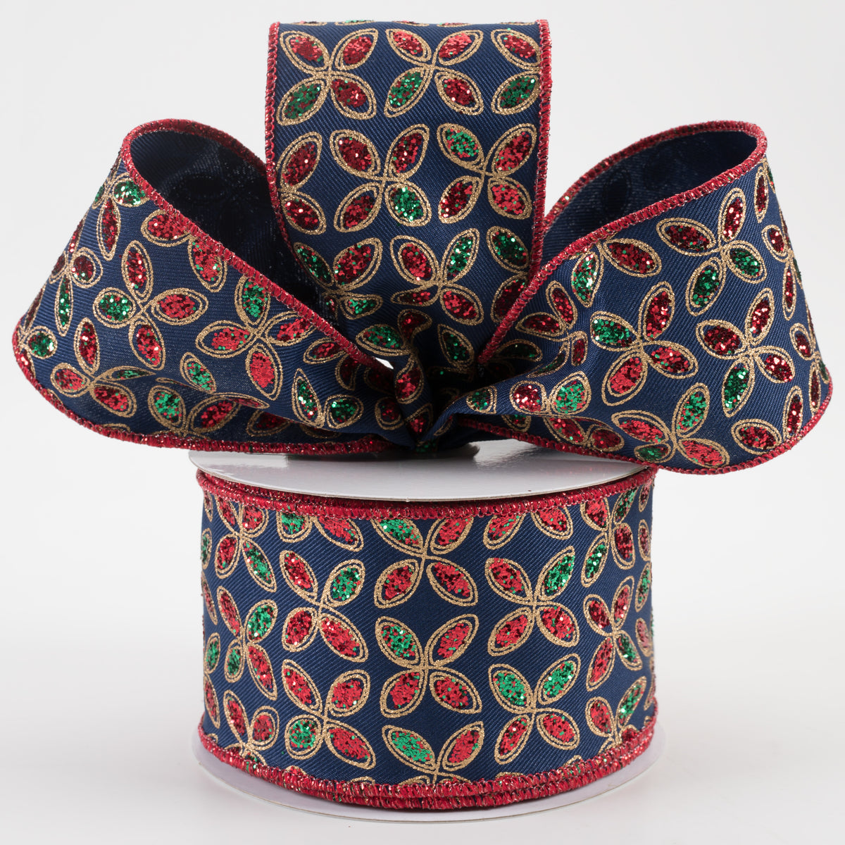 2.5" Quatrefoil Petals Ribbon: Navy, Red, Emerald, Gold (10 Yards) Lifestyle Photo