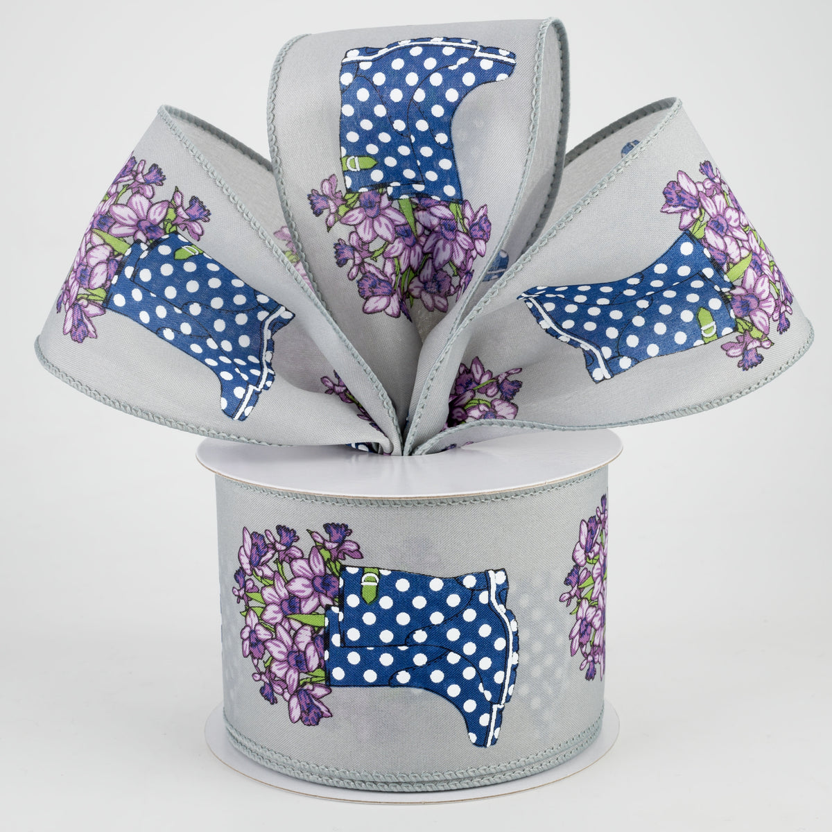 2.5" Rain Boots Daffodil Ribbon: Grey (10 Yards) Lifestyle Photo