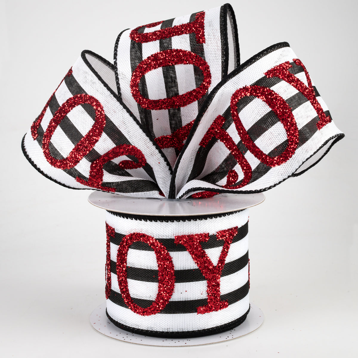 2.5" Red Glitter Joy On Stripe Ribbon: Black & White (10 Yards) Lifestyle Photo