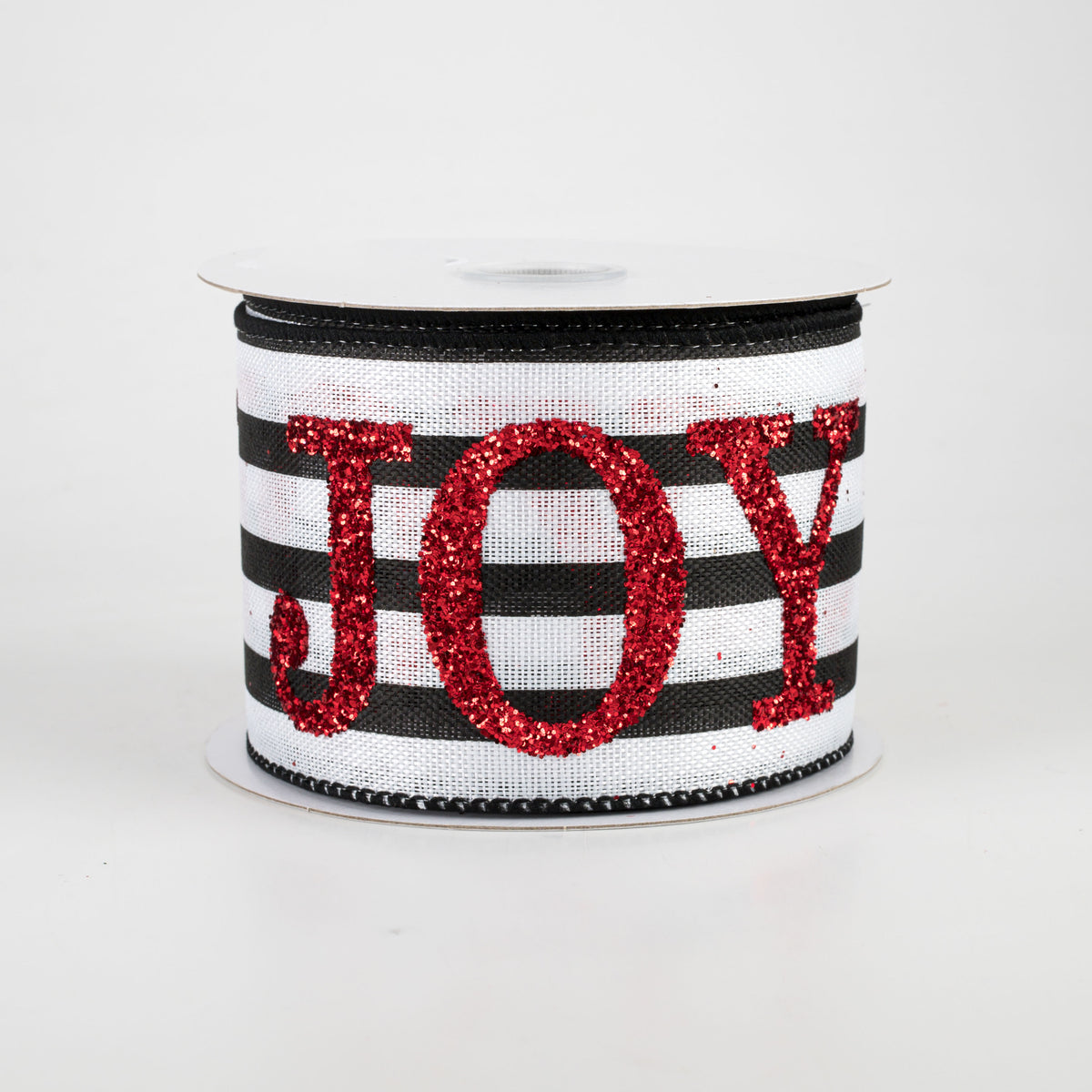 2.5" Red Glitter Joy On Stripe Ribbon: Black & White (10 Yards) Item Number: 72071-40-12