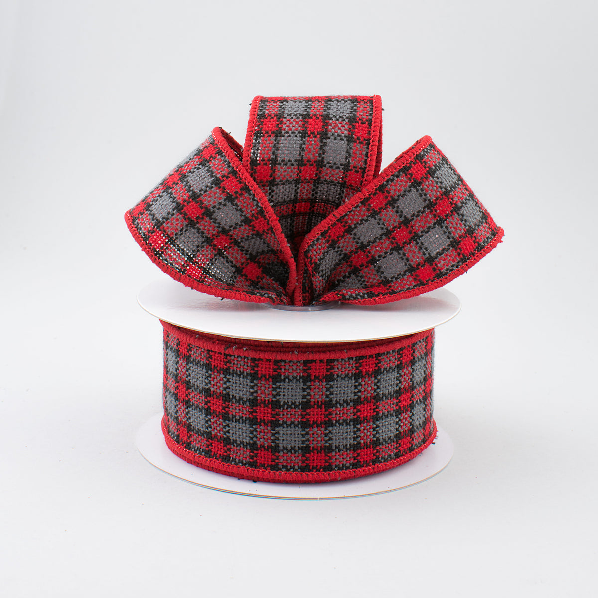 1.5" Red & Grey Plaid Faux Burlap Ribbon (10 Yards) Lifestyle Photo