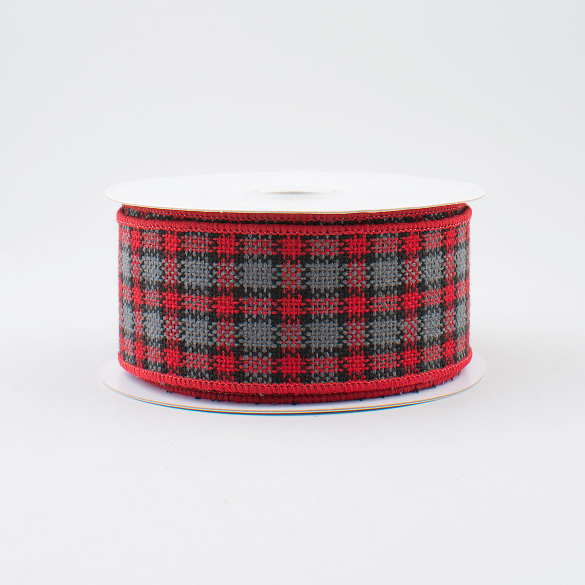 1.5" Red & Grey Plaid Faux Burlap Ribbon (10 Yards)