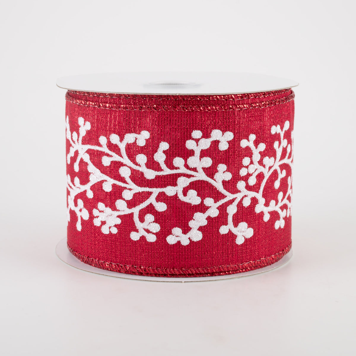 2.5" Red Metallic White Glitter Berry Branch Ribbon (10 Yards) Item Number: 71124-40-01