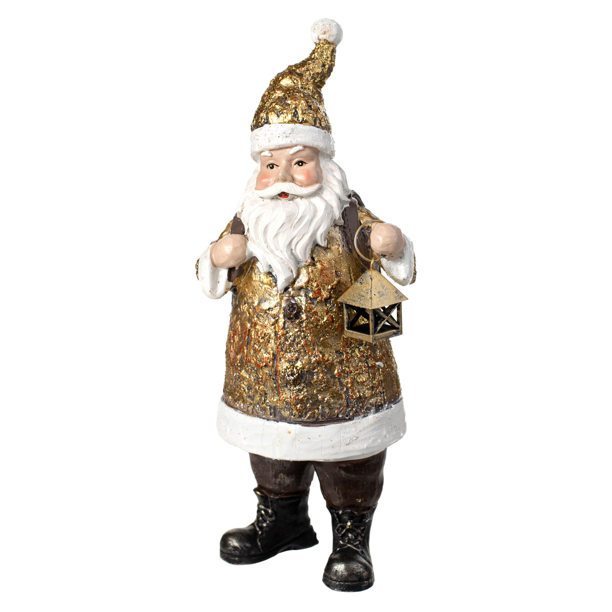 9.25" Resin Santa With Lantern Figurine: Antique Gold Item Number: XN358108