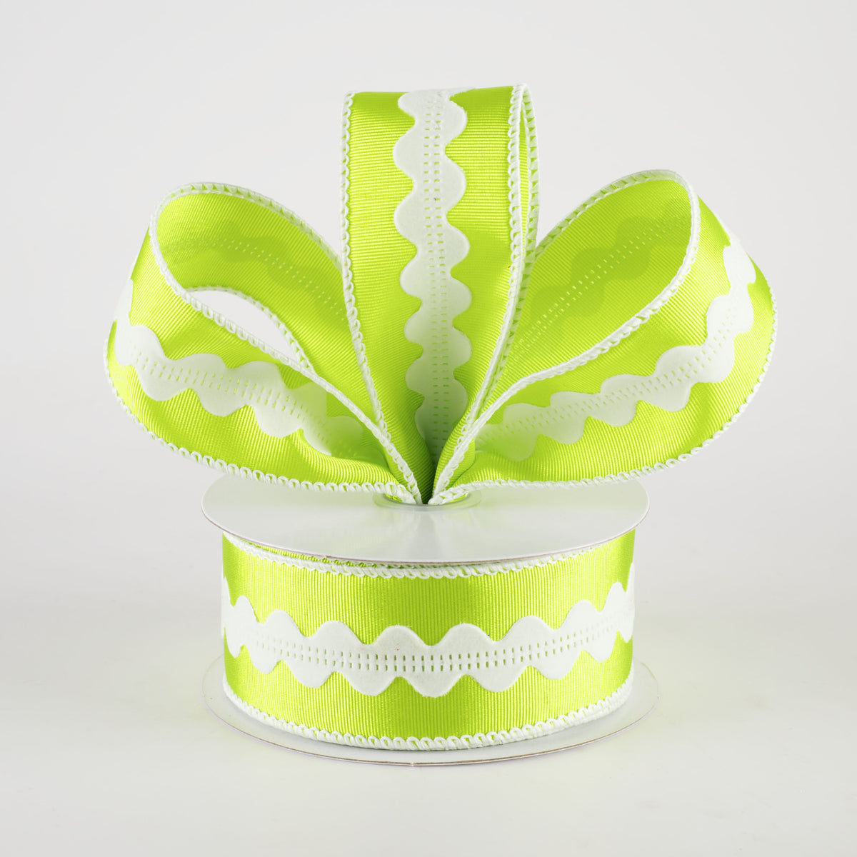 1.5" Ric Rac Center Ribbed Satin Ribbon: Lime & White (10 Yards) Lifestyle Photo
