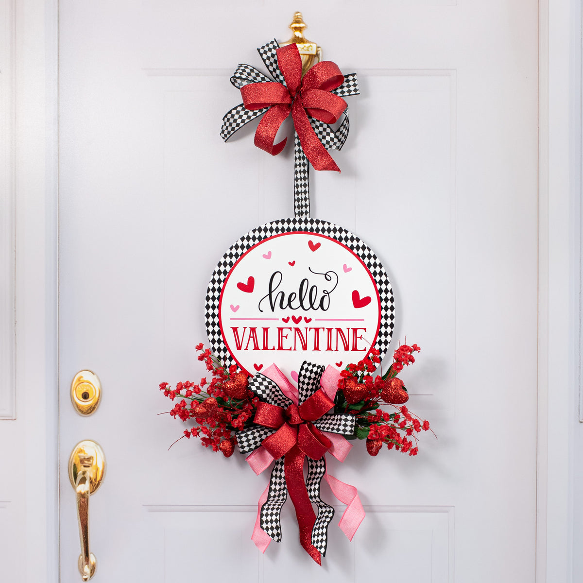 14" Round Waterproof BowTie Sign™: Hello Valentine Harlequin Lifestyle Photo