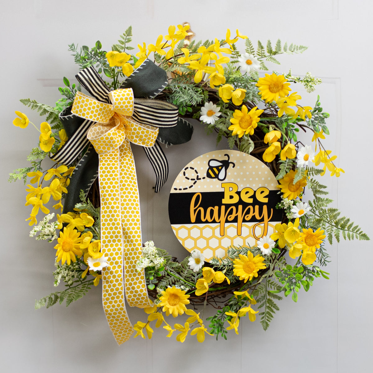 8.5" Round Waterproof Sign: Bee Happy Honeycomb Lifestyle Photo