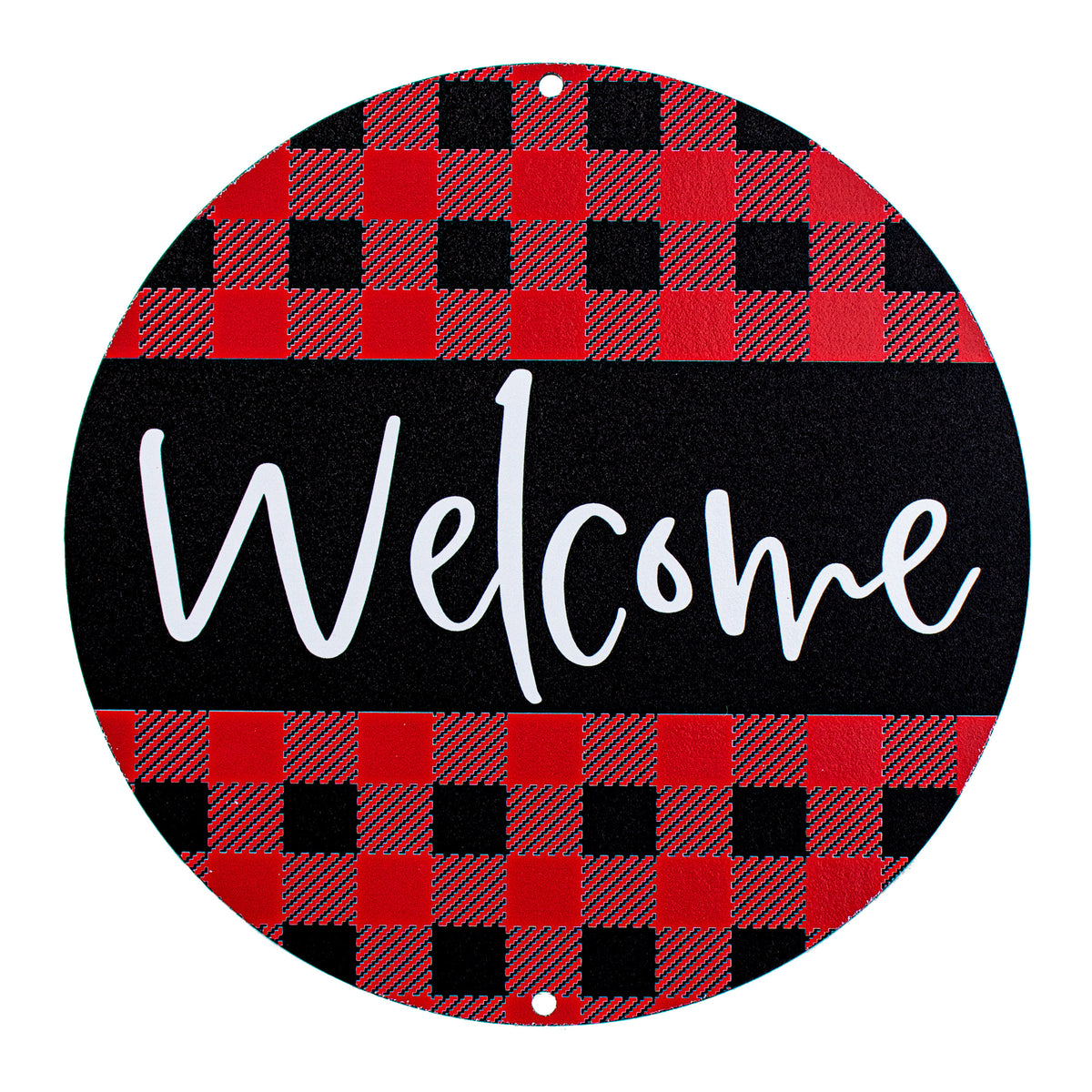 9.4" Round Waterproof Sign: Buffalo Plaid Welcome Red & Black Item Number: CD0857AP