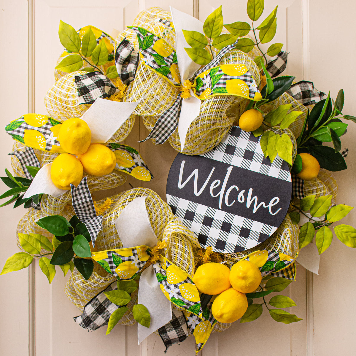 9.4" Round Waterproof Sign: Buffalo Plaid Welcome White & Black Lifestyle Photo