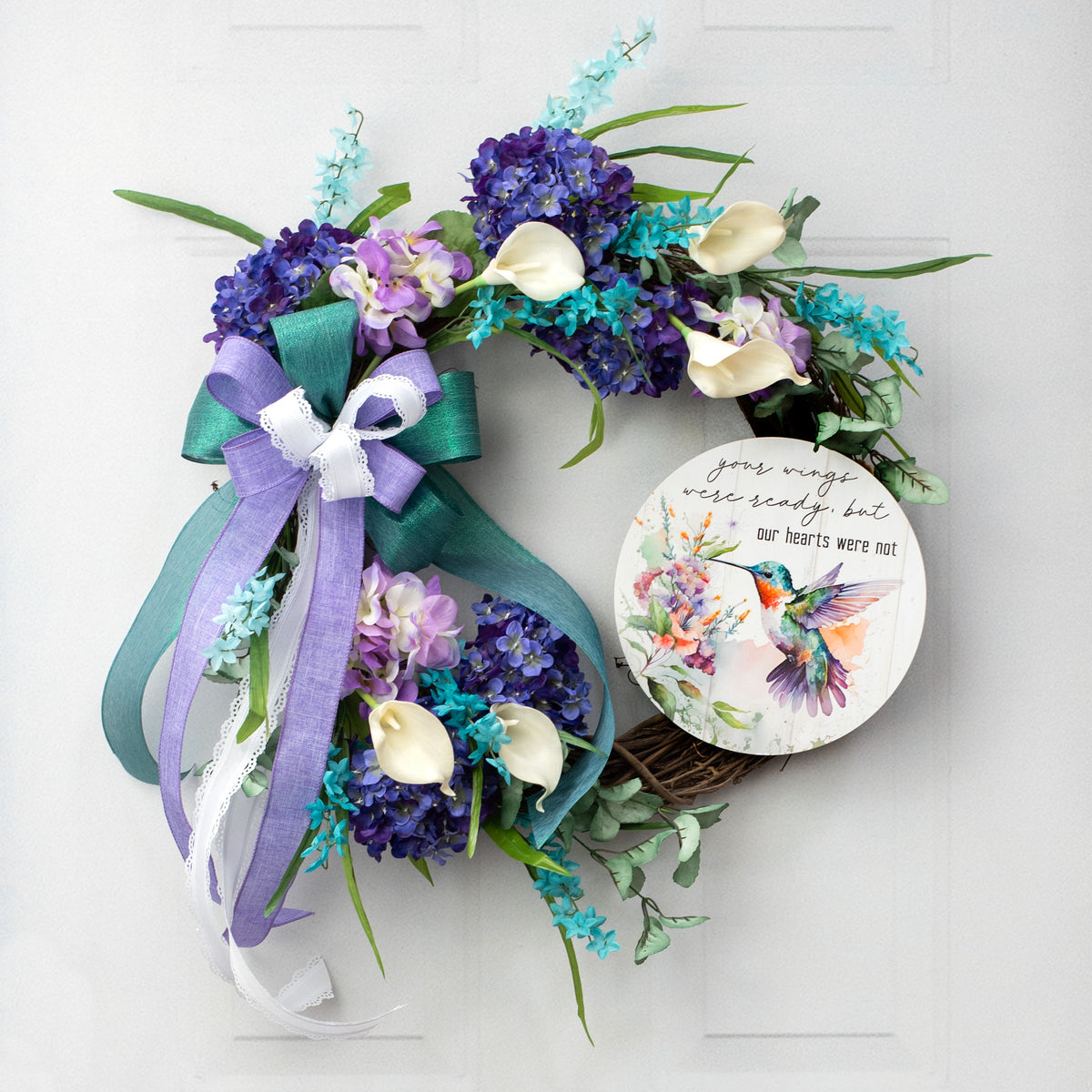 9.4" Round Waterproof Sign: Hummingbird Hearts Not Ready Lifestyle Photo