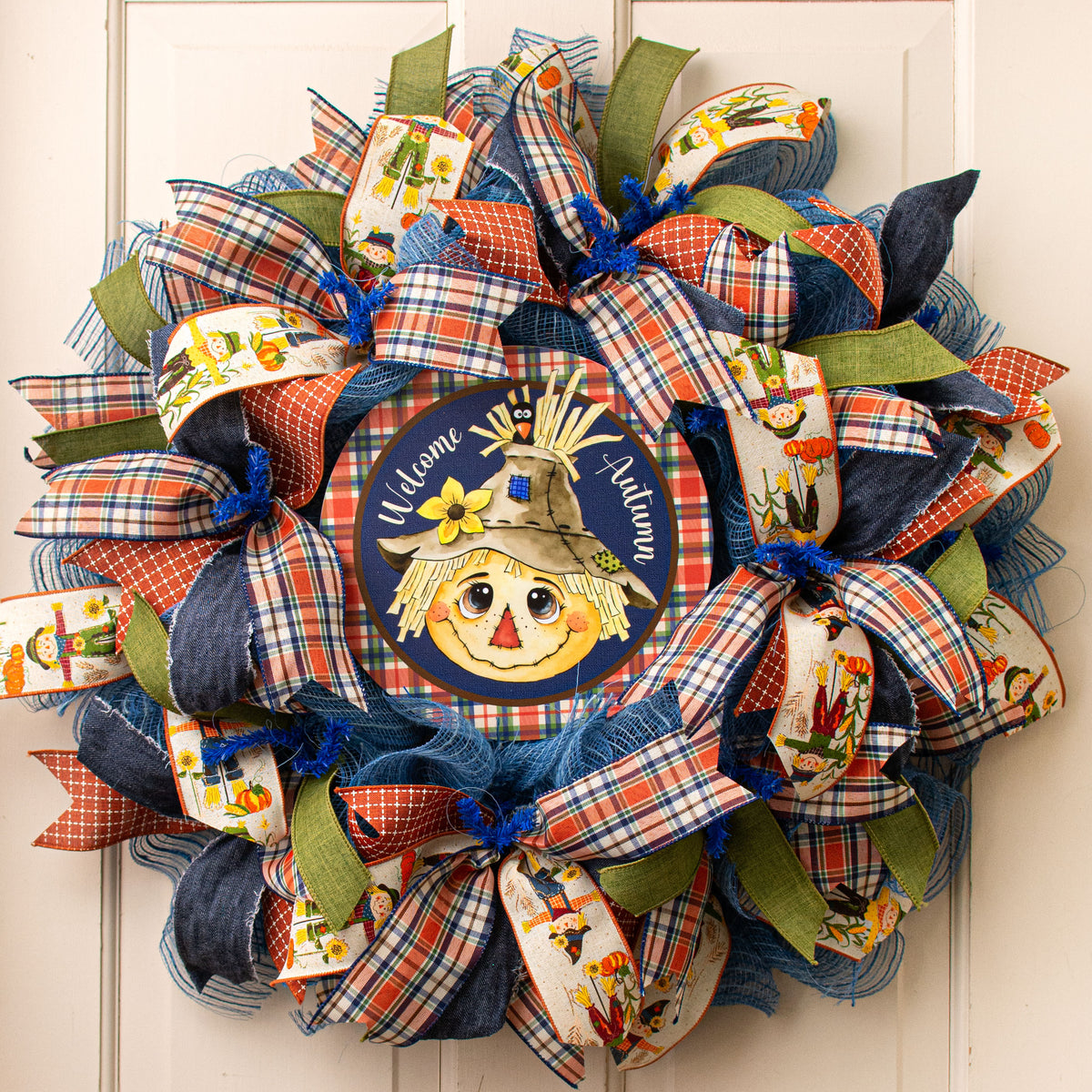 9.4" Round Waterproof Sign: Scarecrow Plaid Autumn Lifestyle Photo