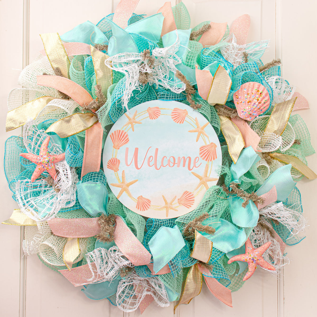 9.4" Round Waterproof Sign: Welcome Seashells Lifestyle Photo
