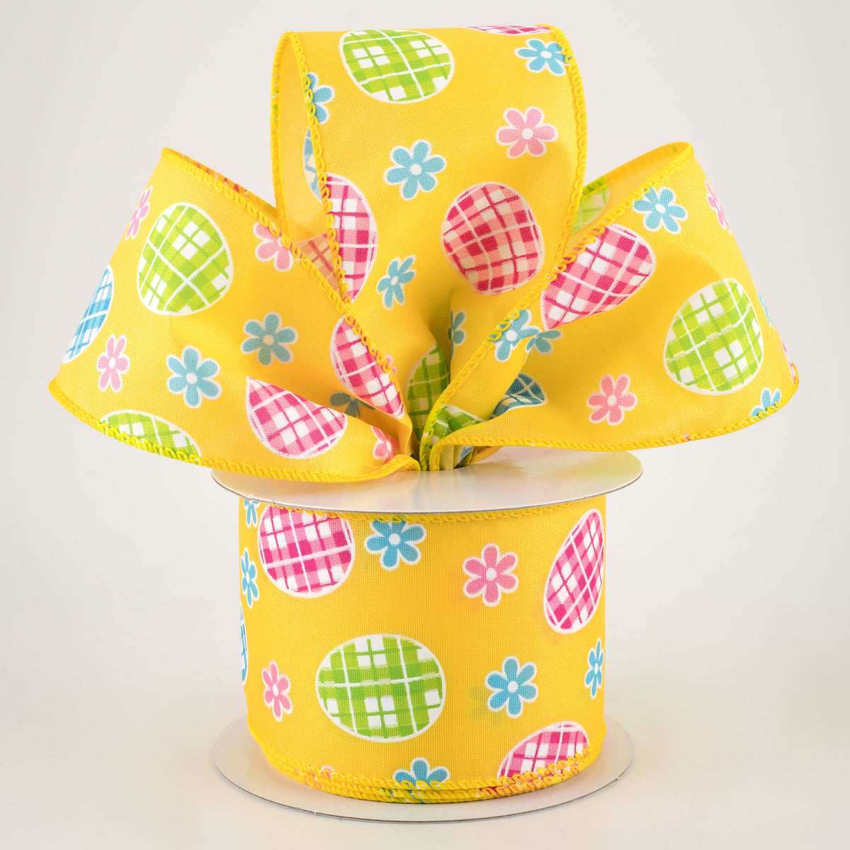 2.5" Satin Gingham Easter Eggs Ribbon: Yellow (10 Yards) Lifestyle Photo